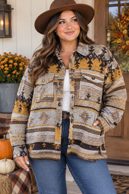 LA MIEL Eldora Aztec Southwestern Barn Shacket Jacket Oversized Brown Gold L
